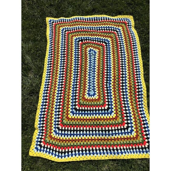 Vintage Multicolor Concentric Squares Crocheted Afghan Handmade 60x44” - Picture 1 of 3